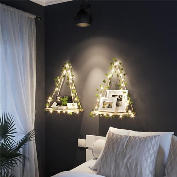 Artificial Ivy LED-Strip Wall Hanging Shelves Set of 2, Macrame Shelf Bedroom - Picture 4 of 7